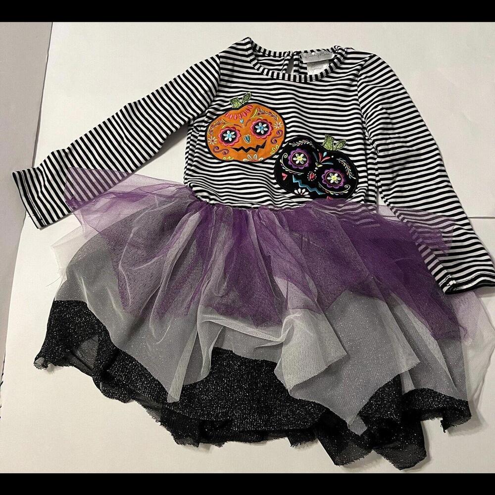 Emily Rose Girls 4t Sugar Skull Pumpkin Striped With Tool Dress
